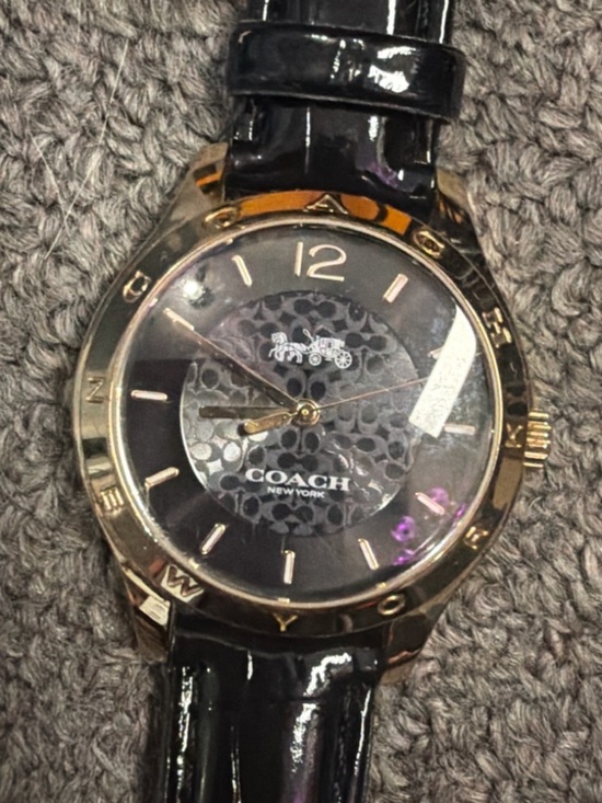 Coach Black Leather Strap Watch Gold Tone Signature Dial Women’s main image 4